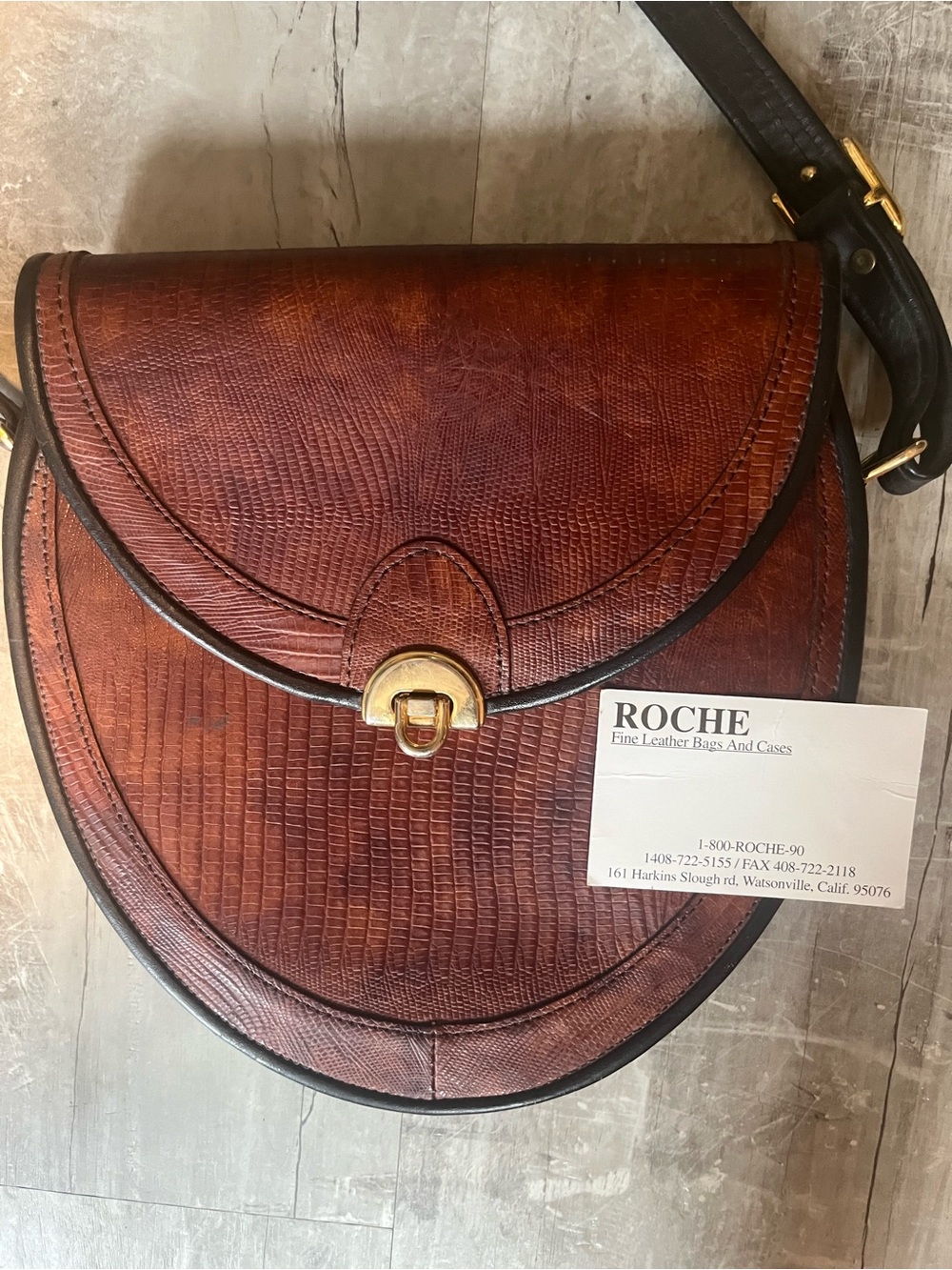 ROCHE Brown Textured Leather Crossbody Bag with Gold-Tone lock Clasp vintage